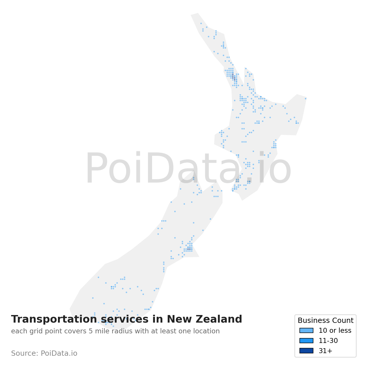 Transportation service density map for New Zealand