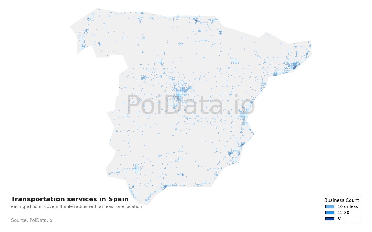 Transportation service density map for Spain