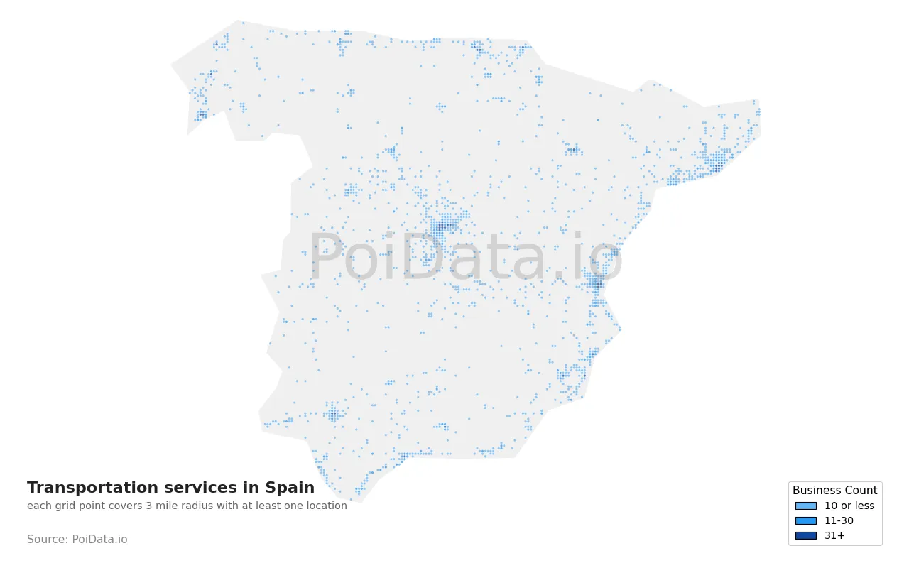 Transportation service density map for Spain