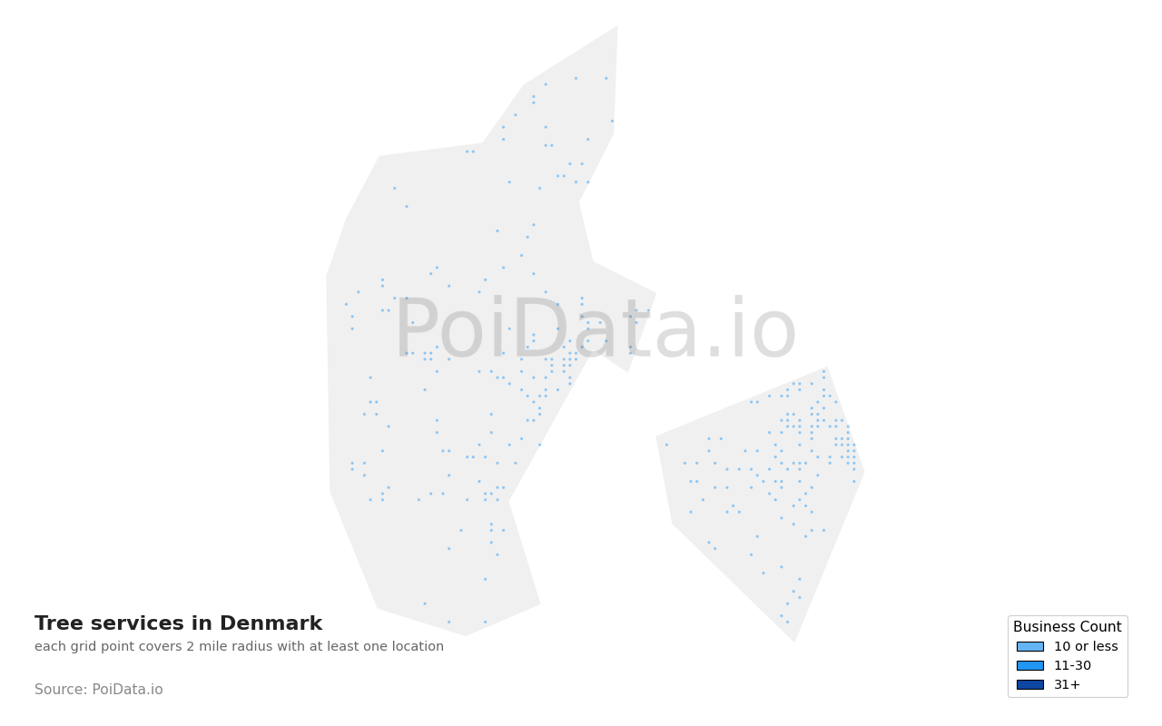 Tree service density map for Denmark
