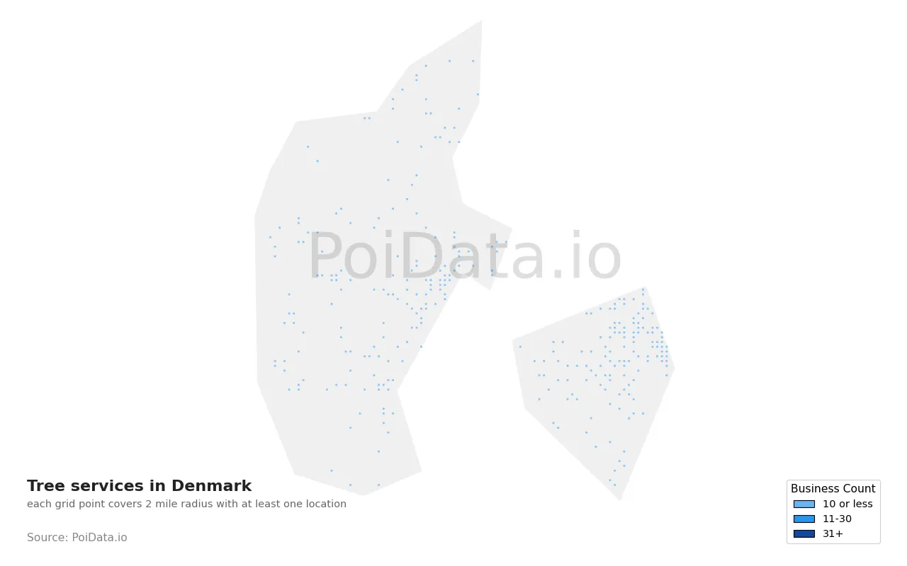 Tree service density map for Denmark