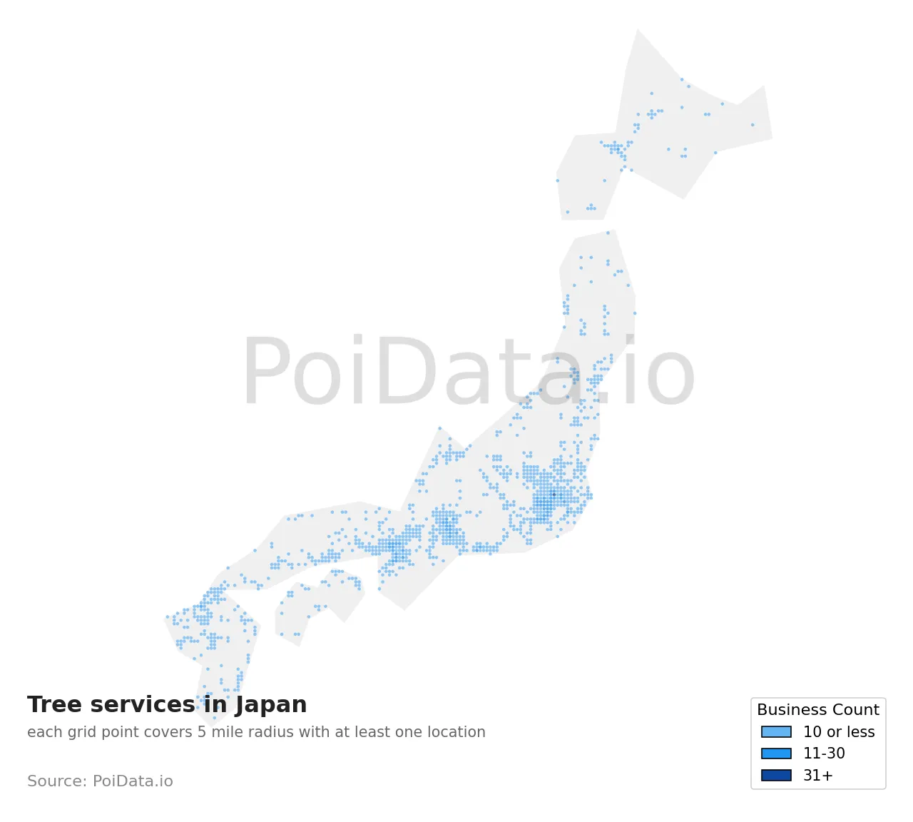 Tree service density map for Japan