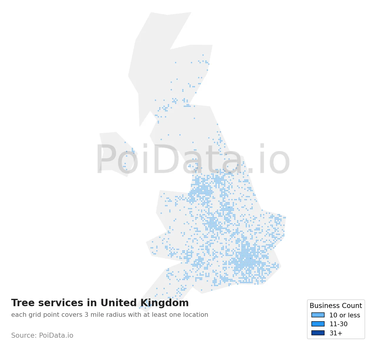 Tree service density map for United Kingdom