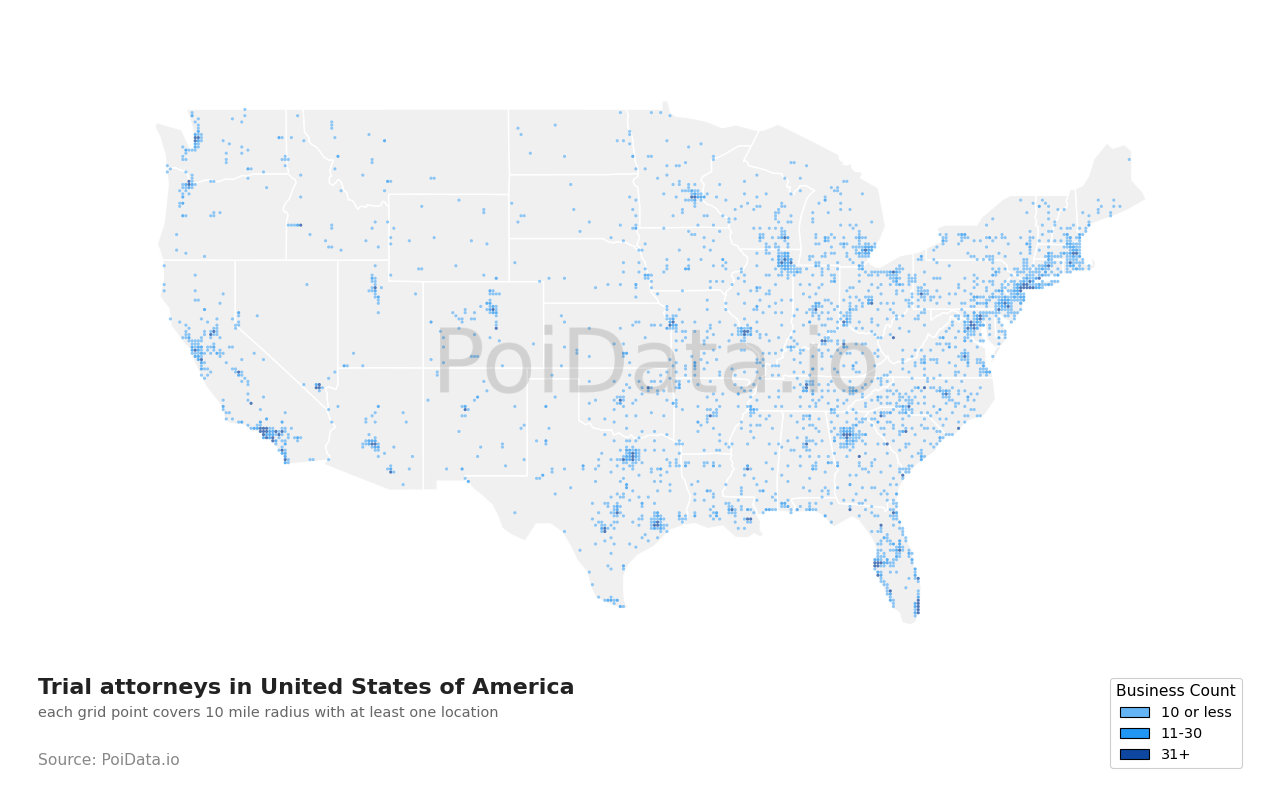 Trial attorney density map for United States