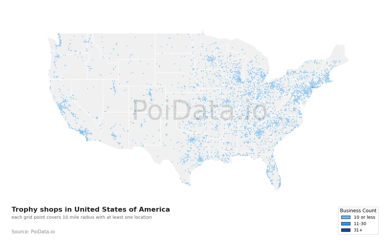 Trophy shop density map for United States