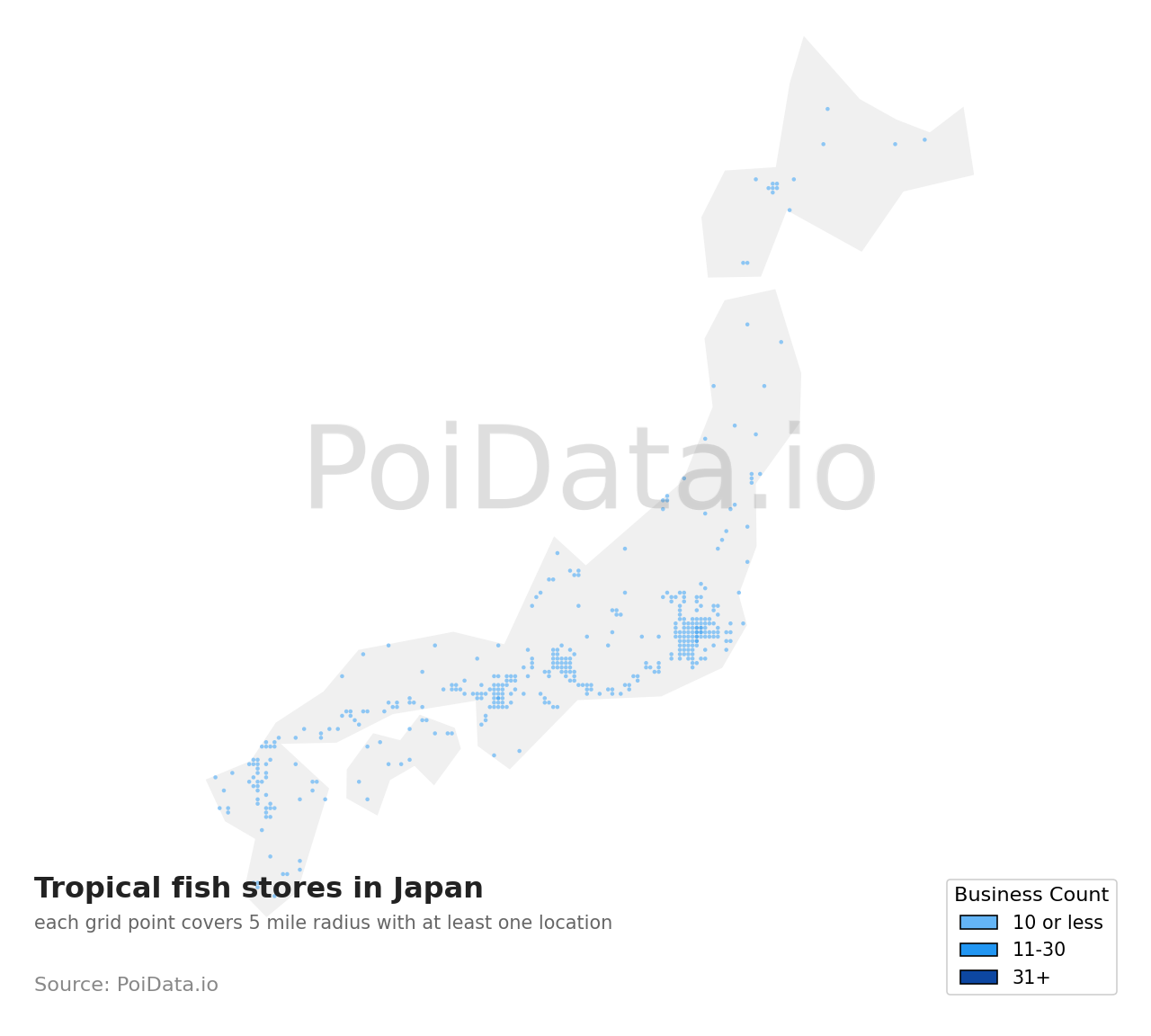 Tropical fish store density map for Japan