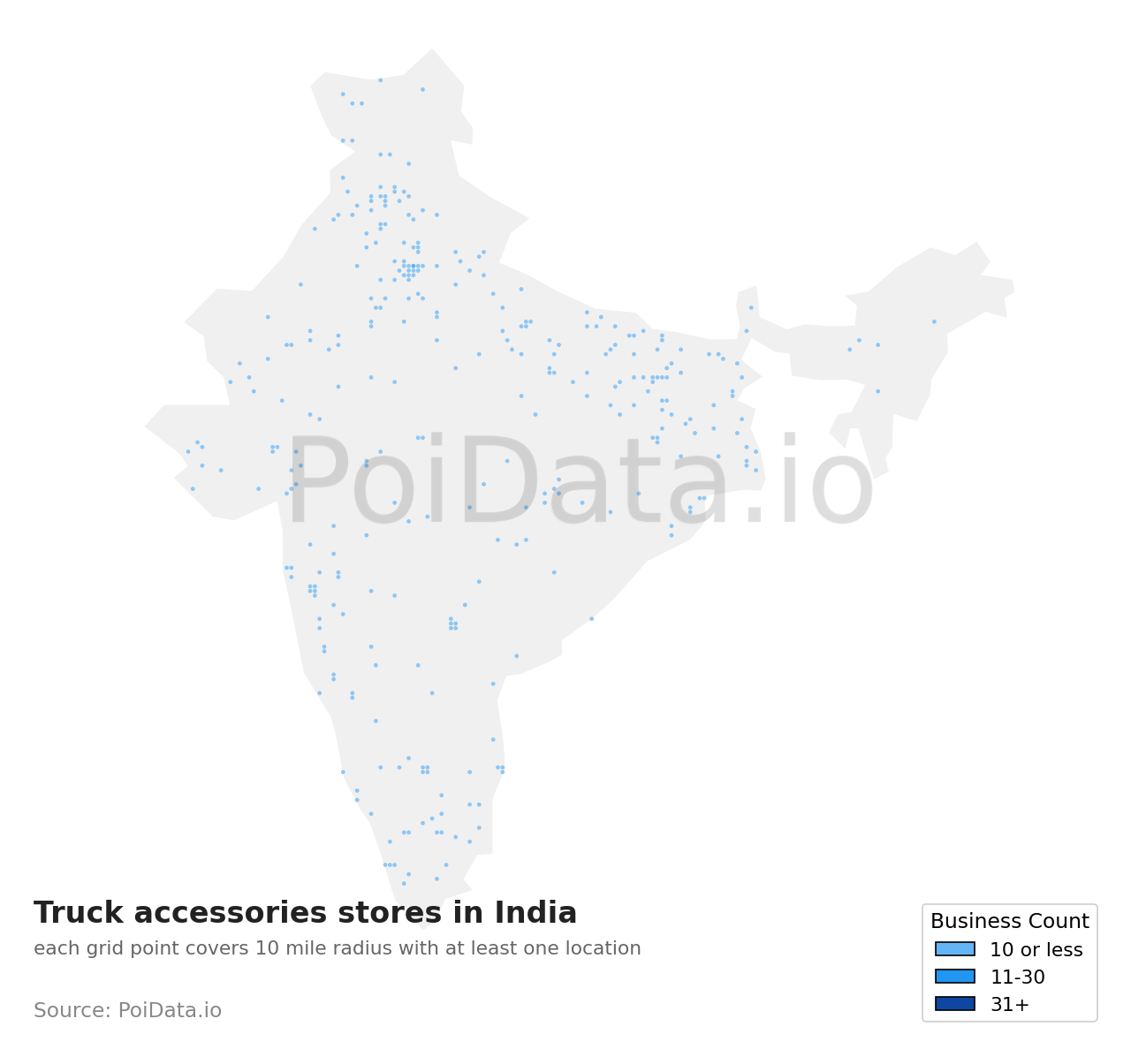 Truck accessories store density map for India