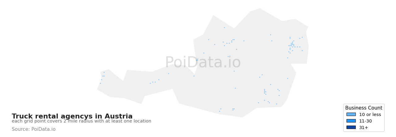 Truck rental agency density map for Austria