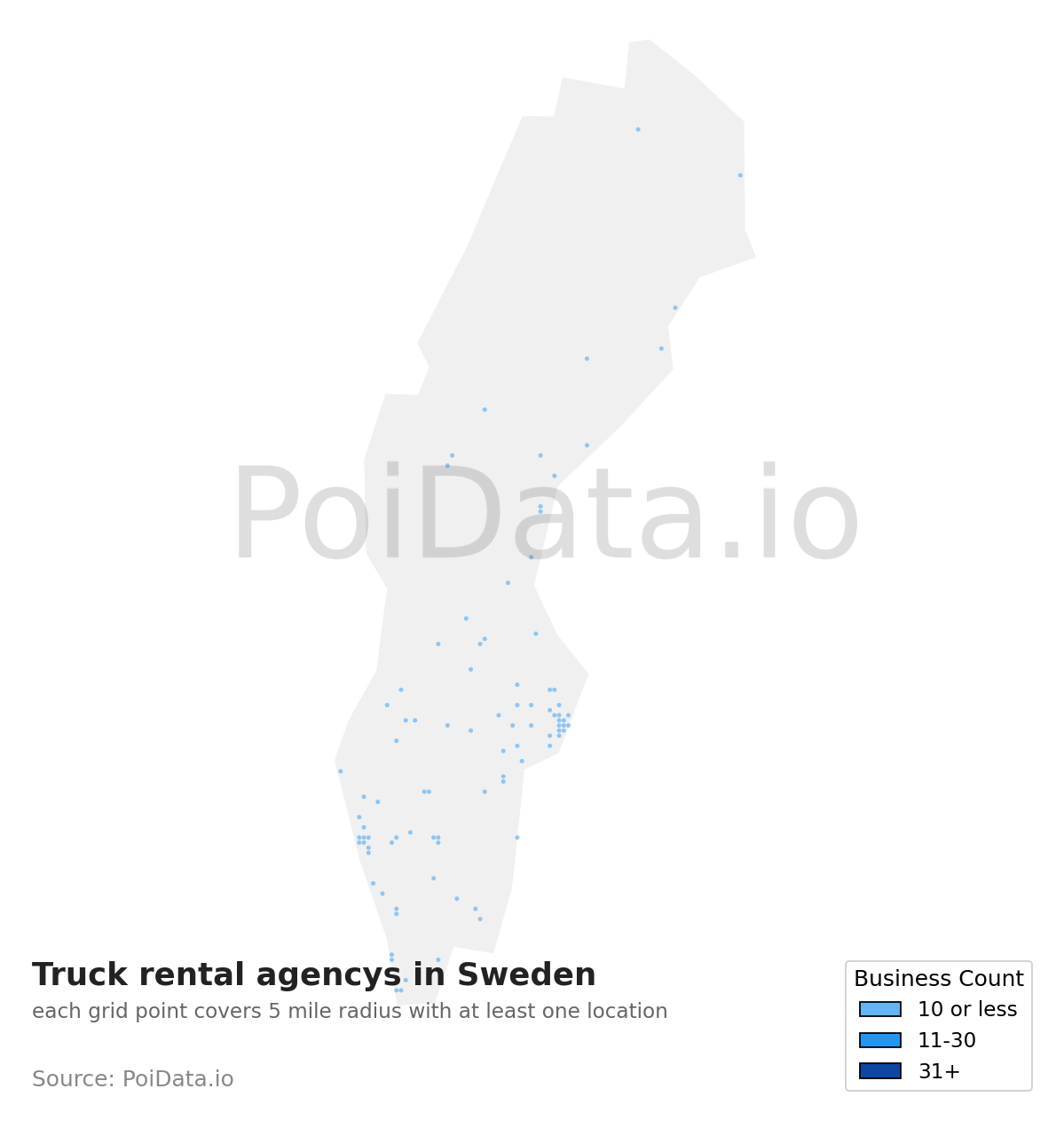 Truck rental agency density map for Sweden