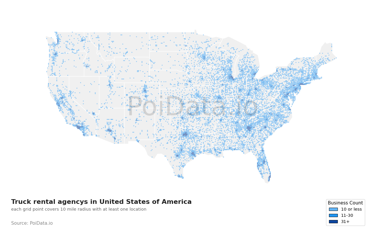 Truck rental agency density map for United States
