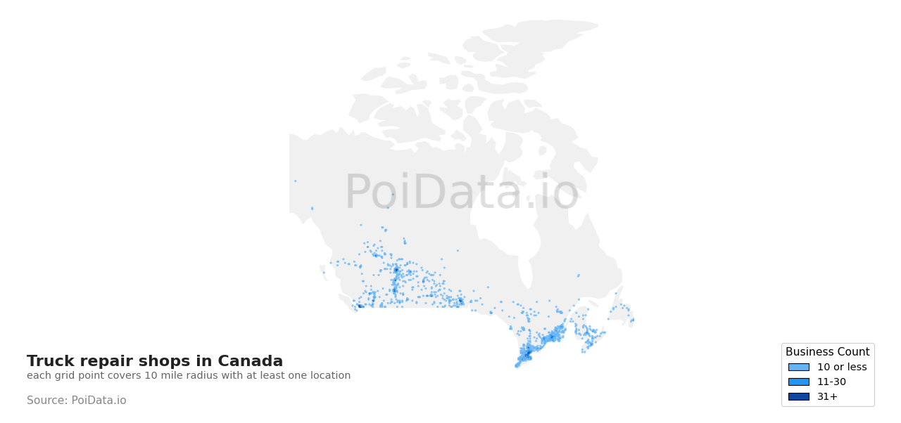 Truck repair shop density map for Canada