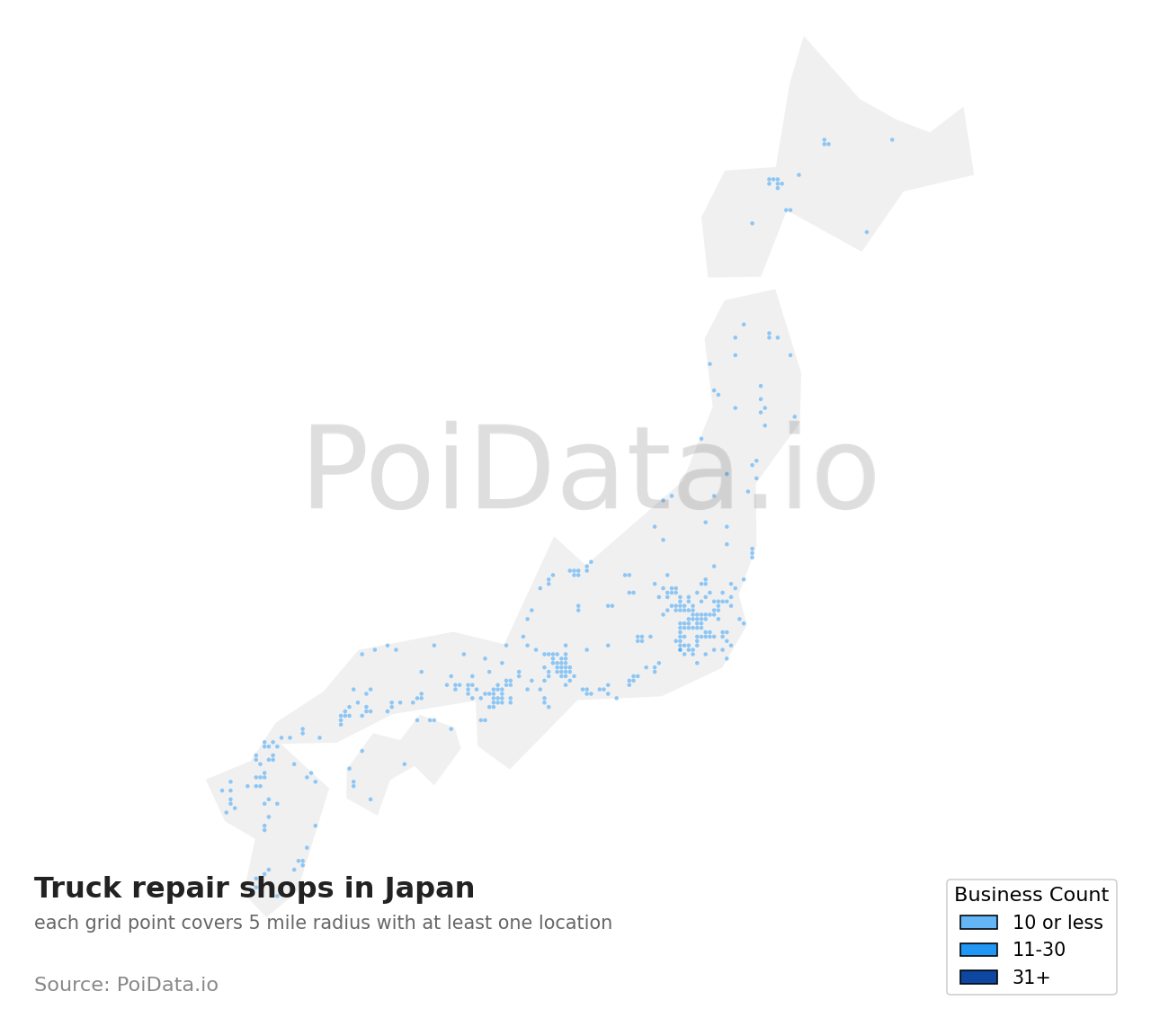 Truck repair shop density map for Japan