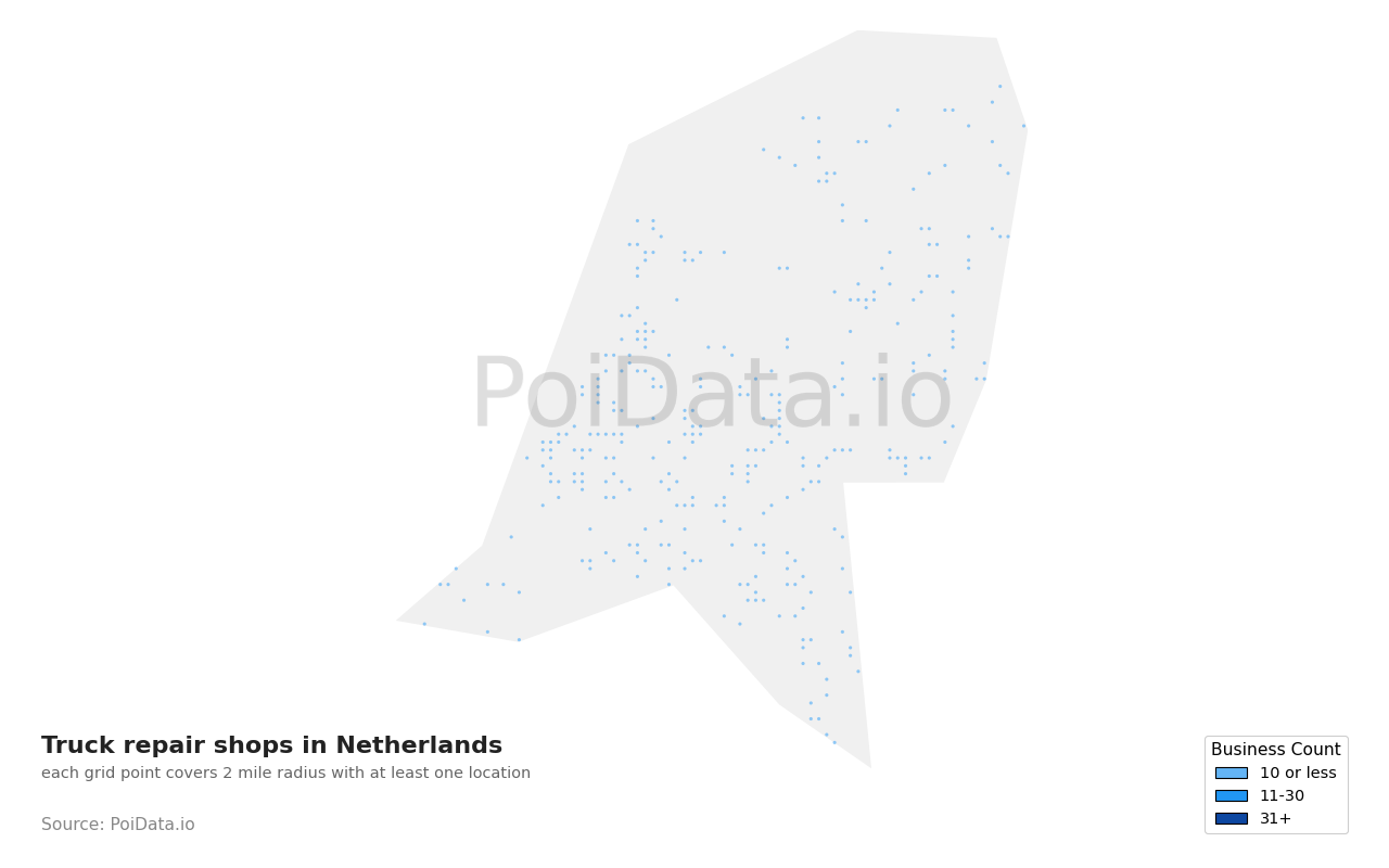 Truck repair shop density map for Netherlands