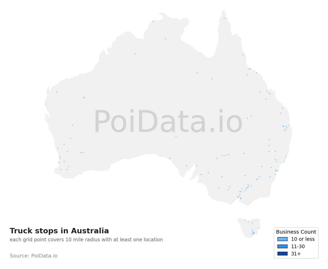 Truck stop density map for Australia