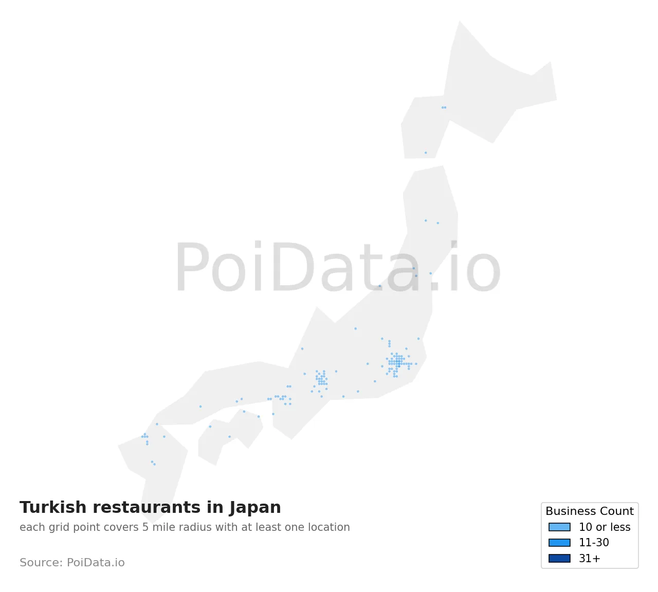 Turkish restaurant density map for Japan