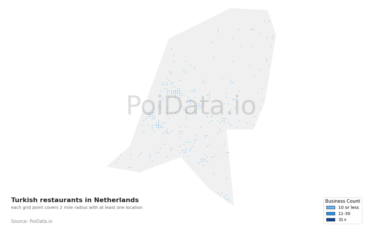 Turkish restaurant density map for Netherlands