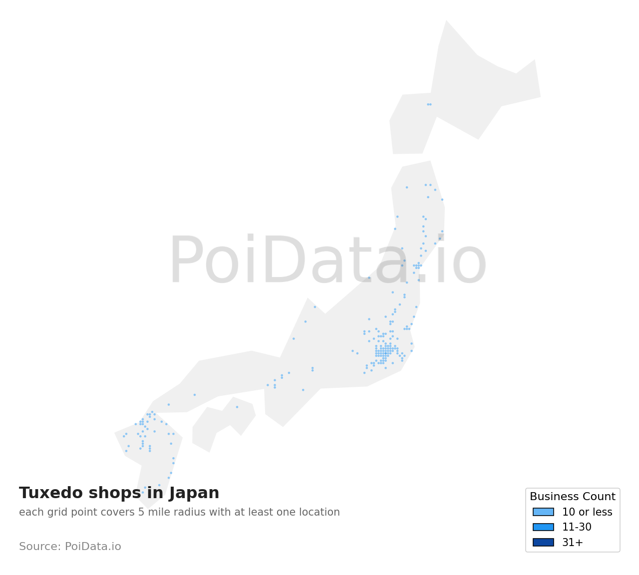 Tuxedo shop density map for Japan