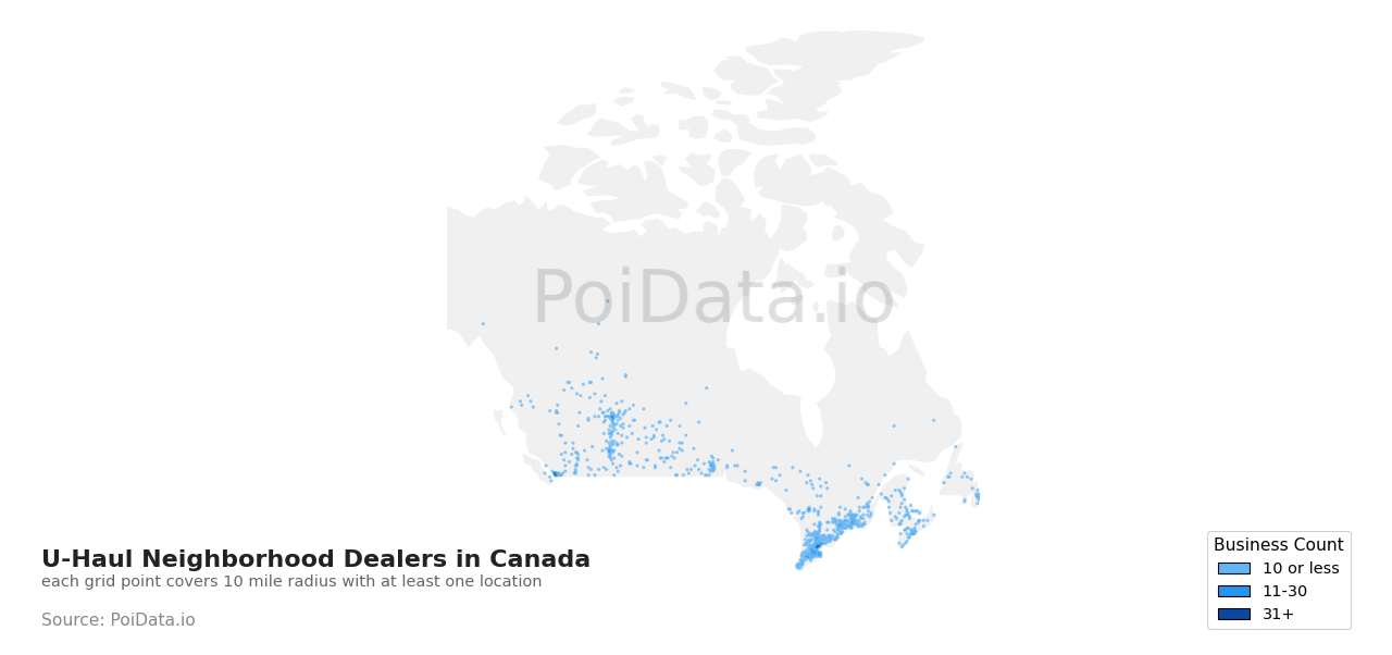 U-Haul Neighborhood Dealer density map for Canada