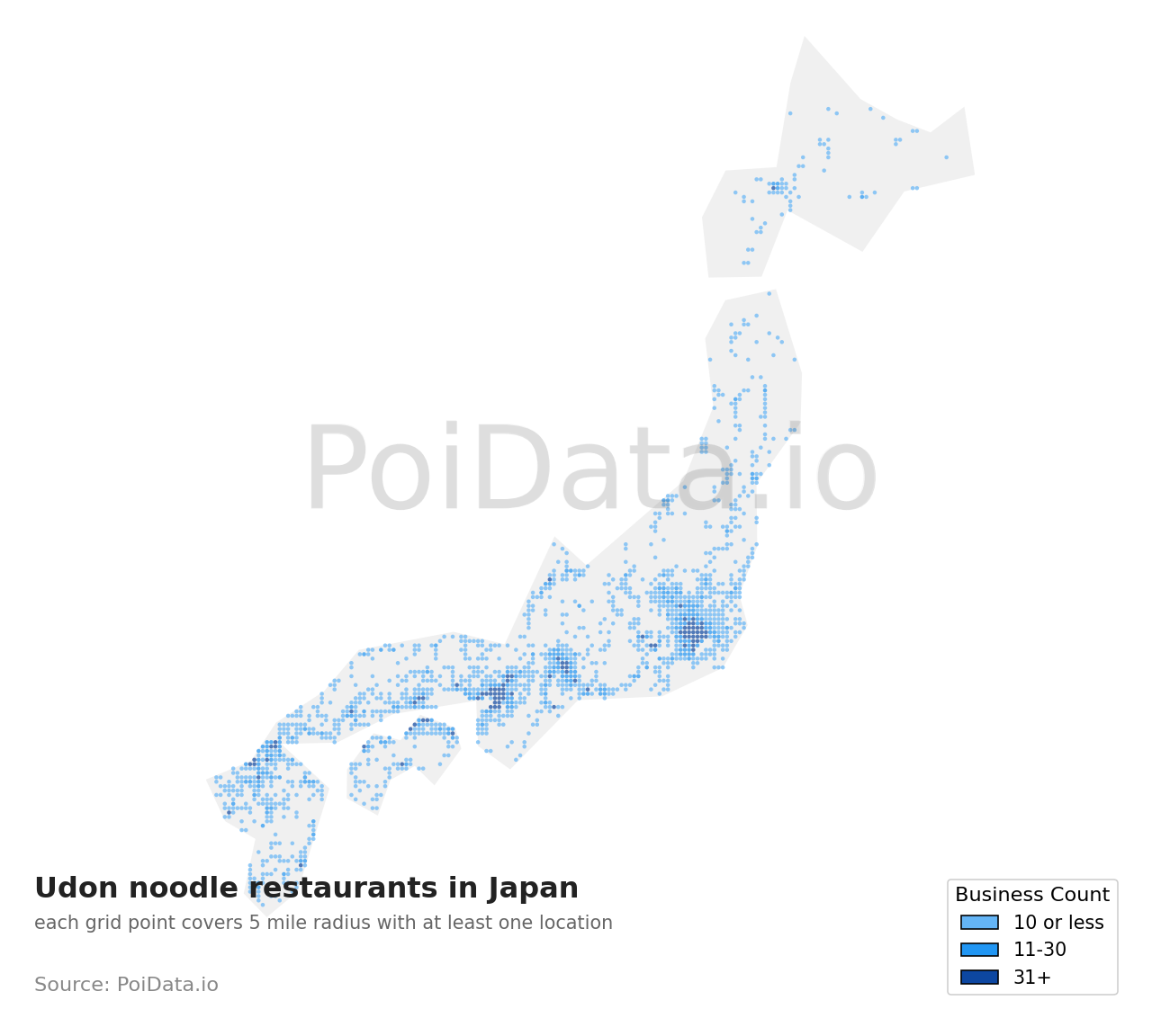 Udon noodle restaurant density map for Japan