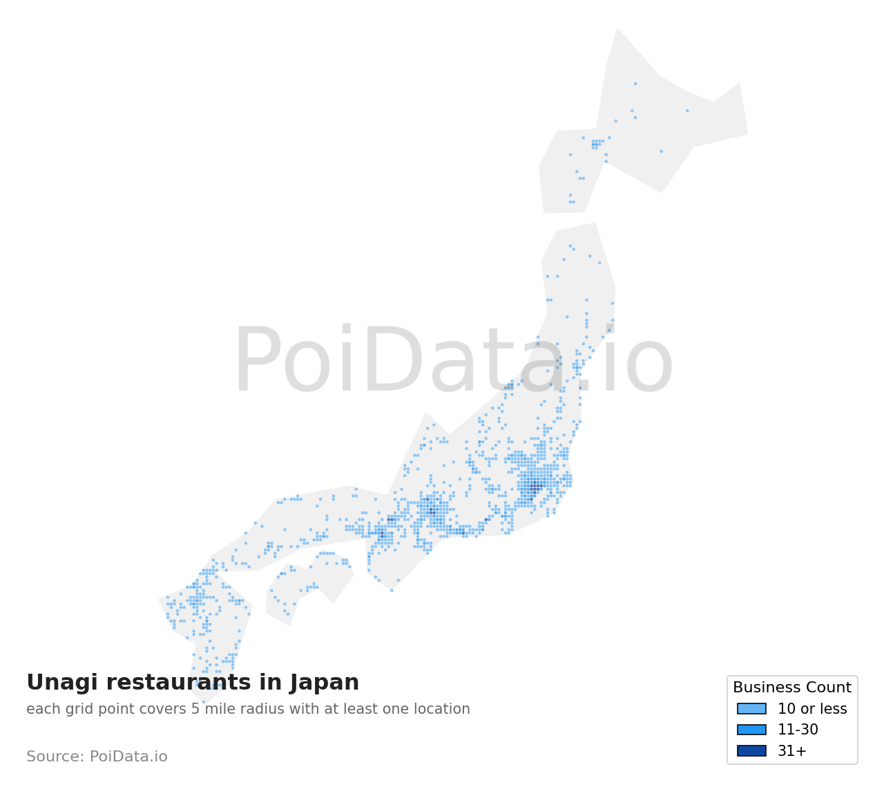 Unagi restaurant density map for Japan