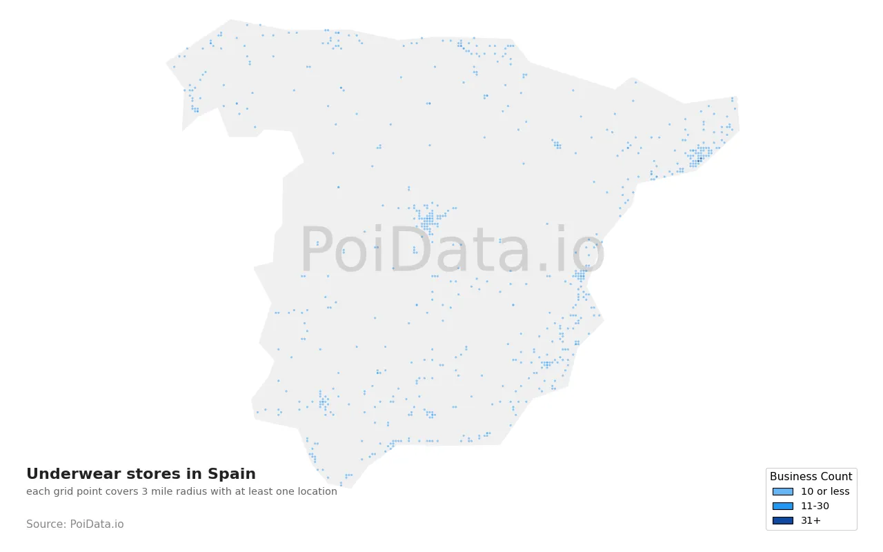 Underwear store density map for Spain