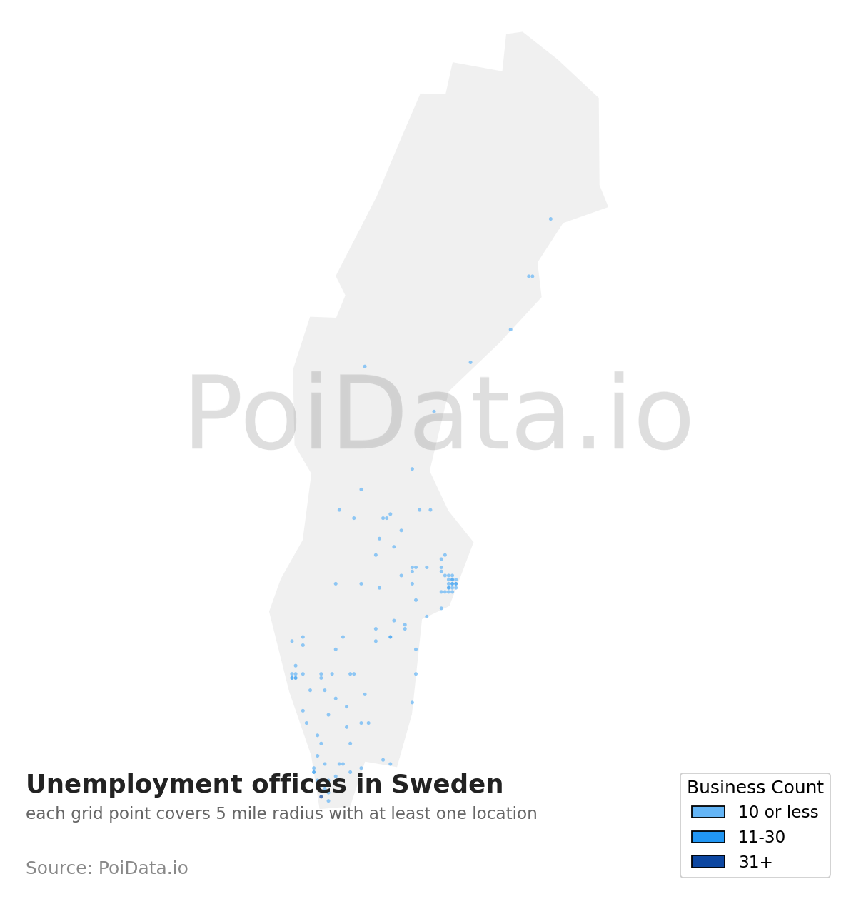 Unemployment office density map for Sweden