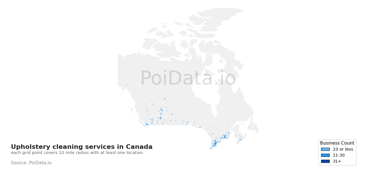 Upholstery cleaning service density map for Canada