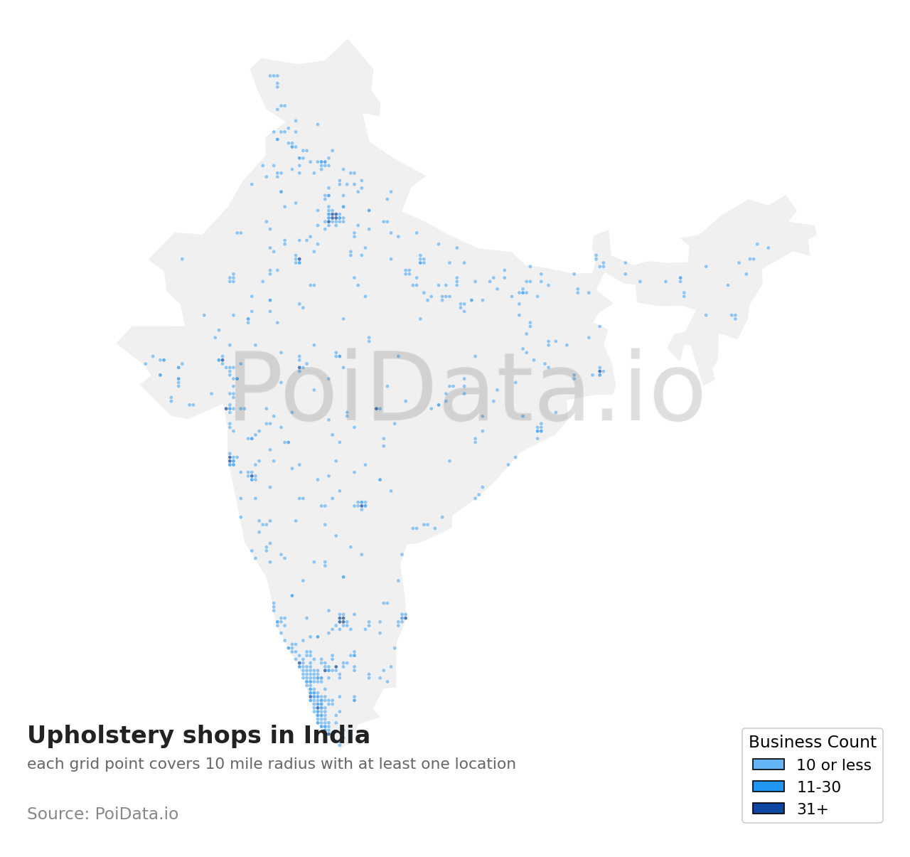 Upholstery shop density map for India