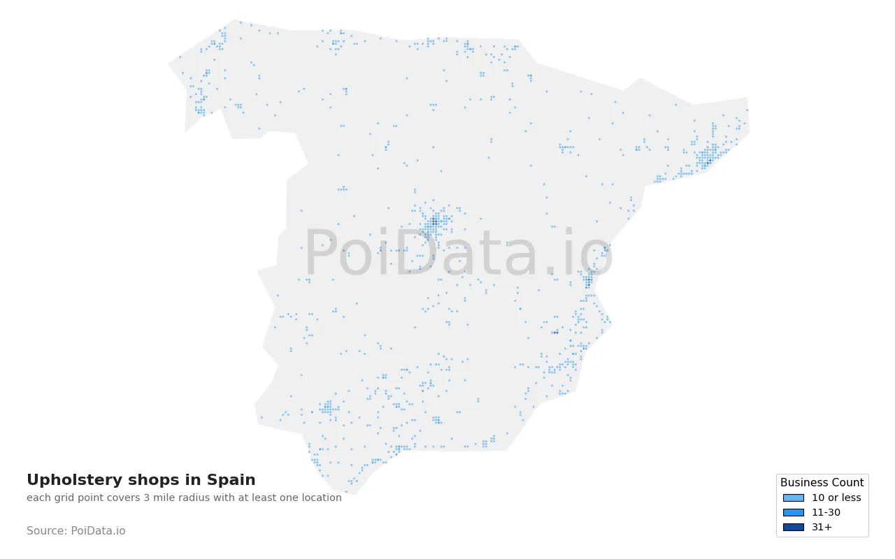 Upholstery shop density map for Spain