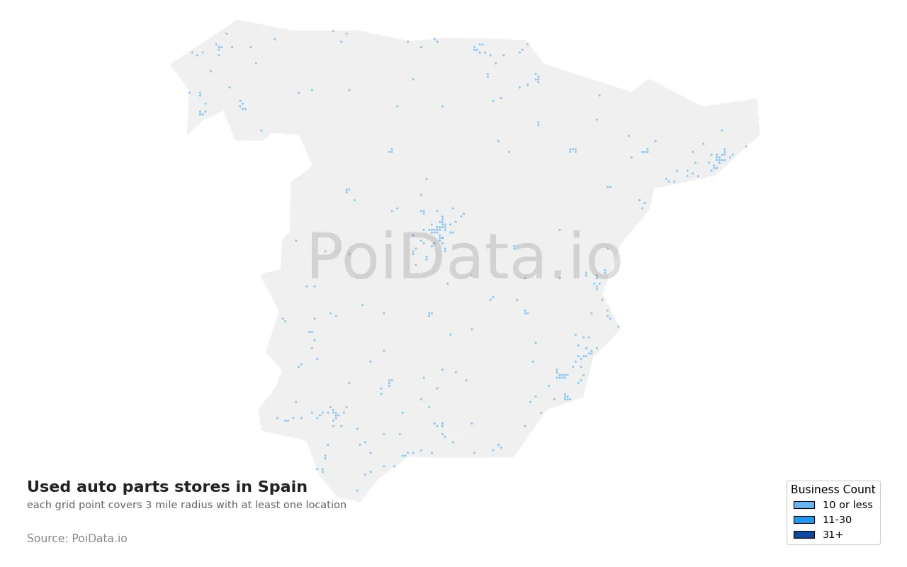 Used auto parts store density map for Spain