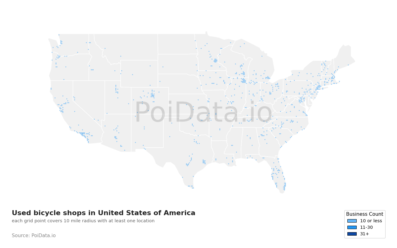 Used bicycle shop density map for New York, United States