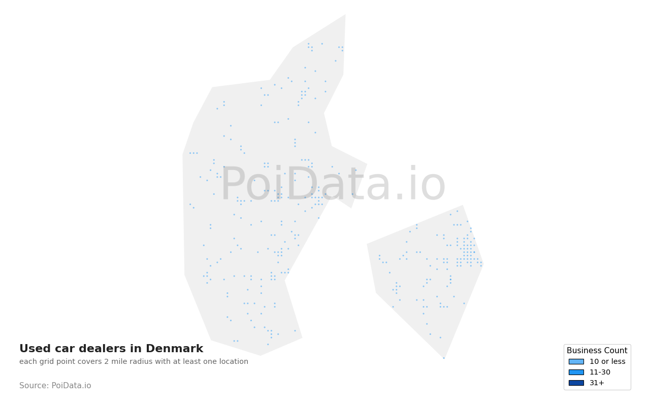 Used car dealer density map for Denmark