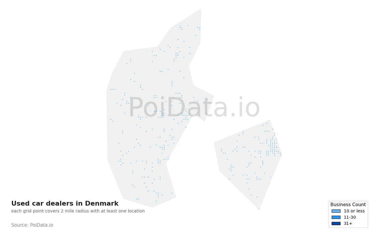 Used car dealer density map for Denmark