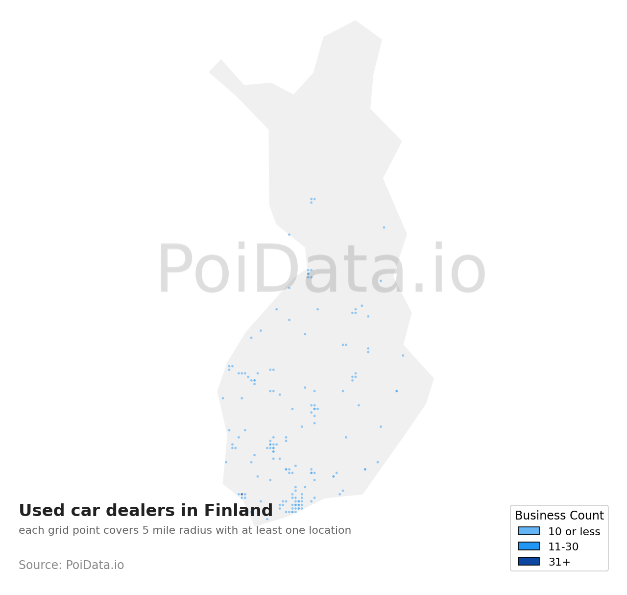 Used car dealer density map for Finland