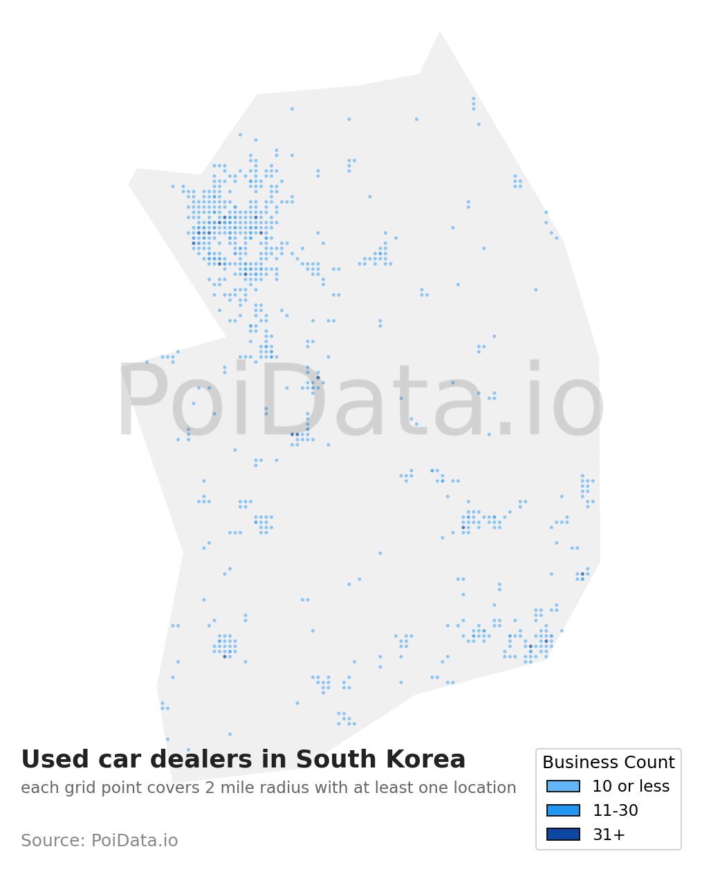 Used car dealer density map for South Korea