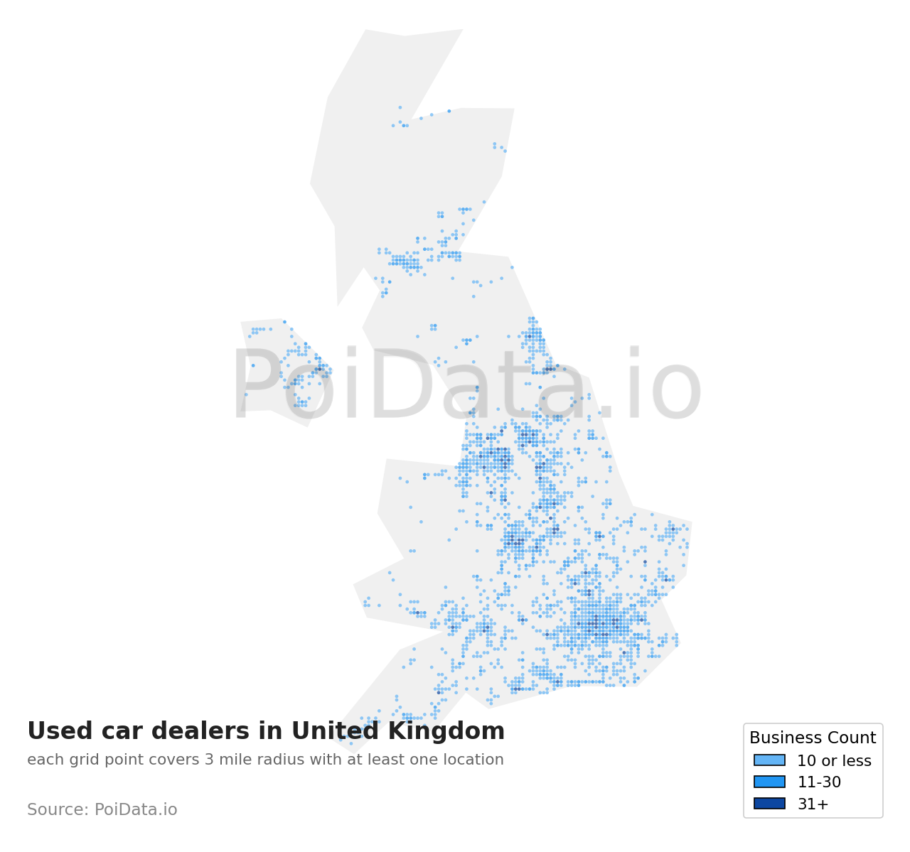 Used car dealer density map for United Kingdom