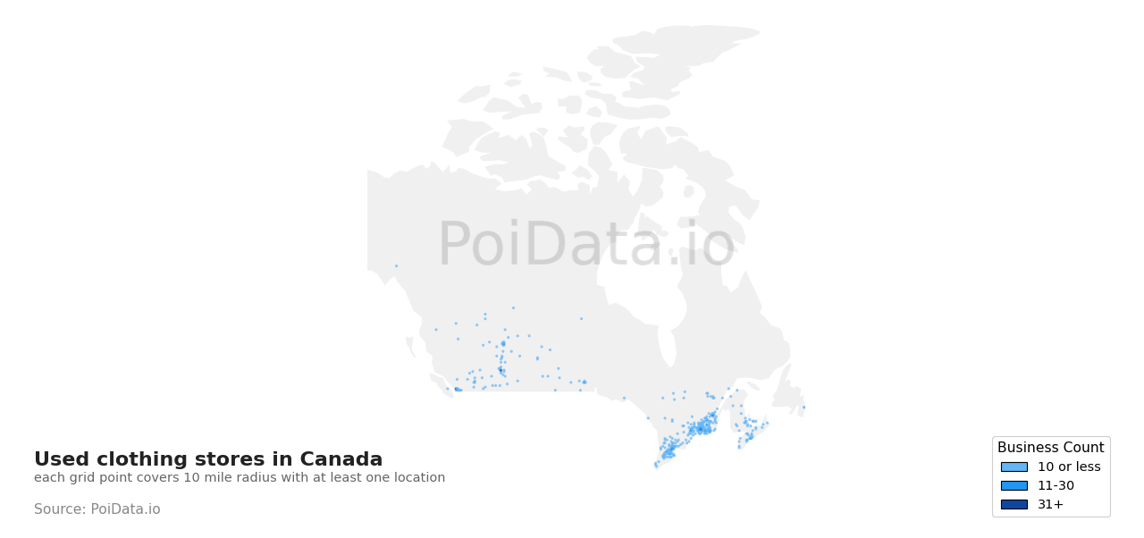 Used clothing store density map for British Columbia, Canada