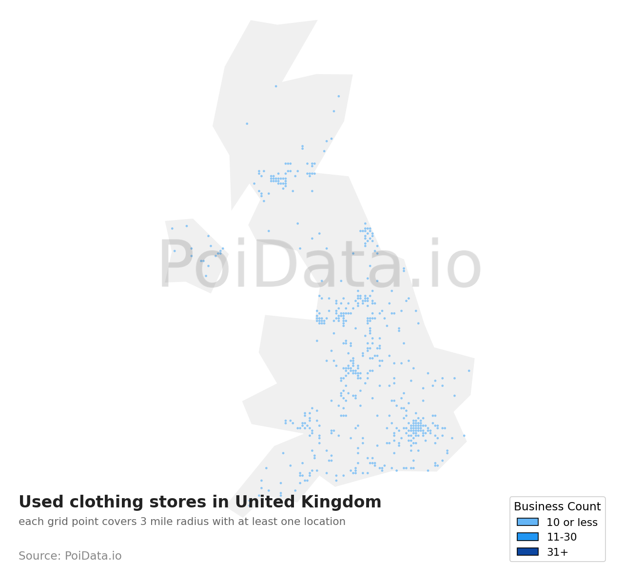 Used clothing store density map for United Kingdom