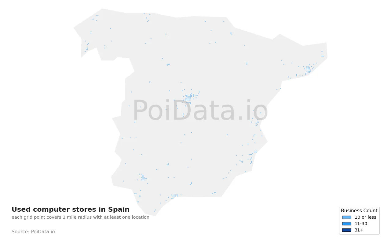 Used computer store density map for Spain