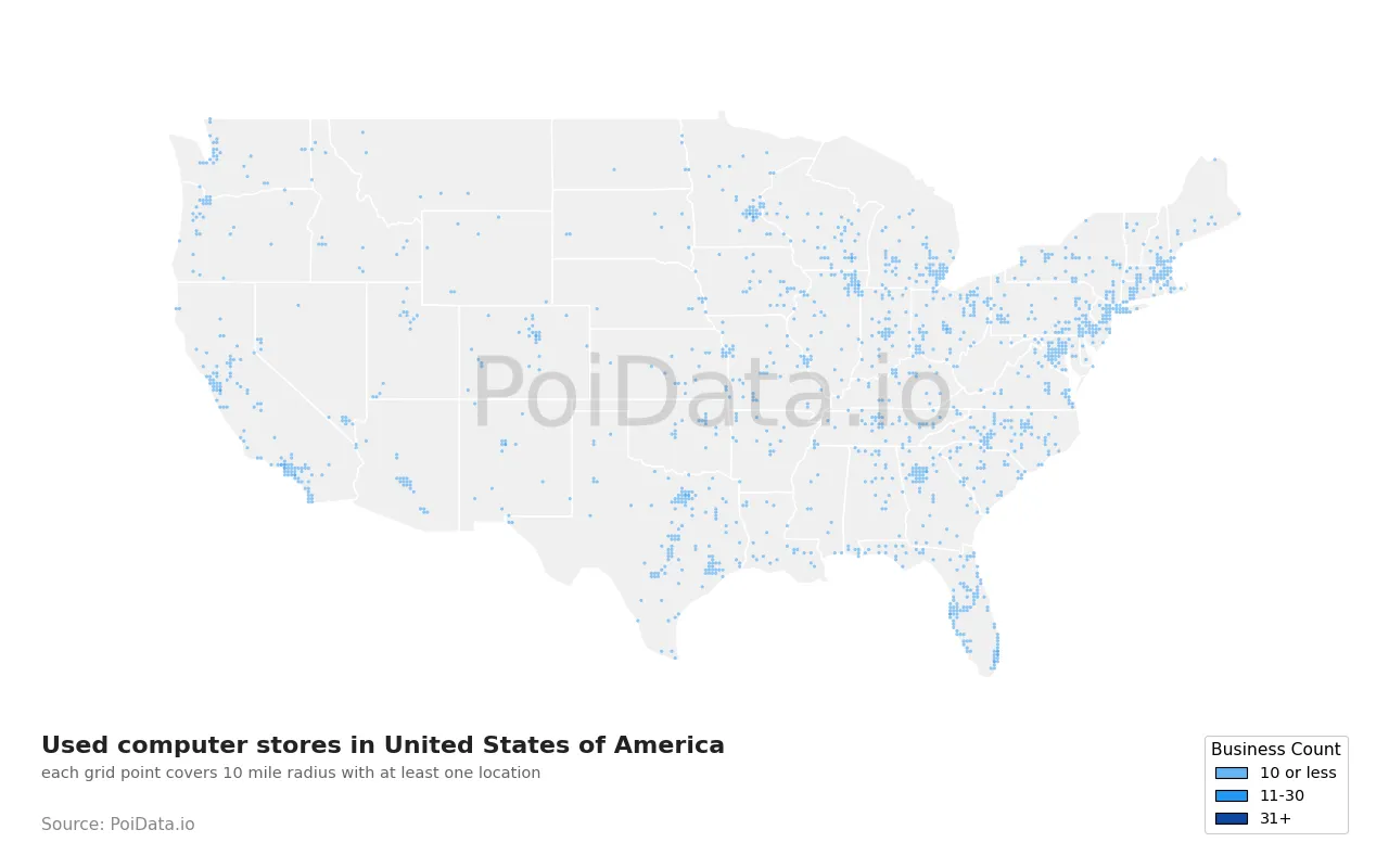 Used computer store density map for United States