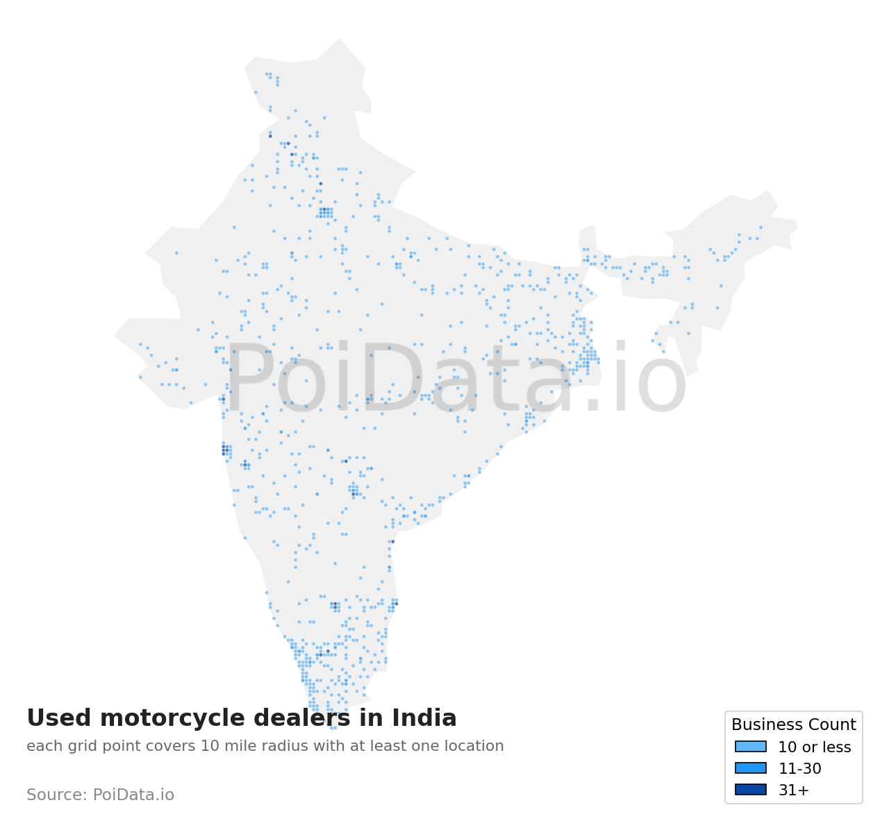 Used motorcycle dealer density map for India