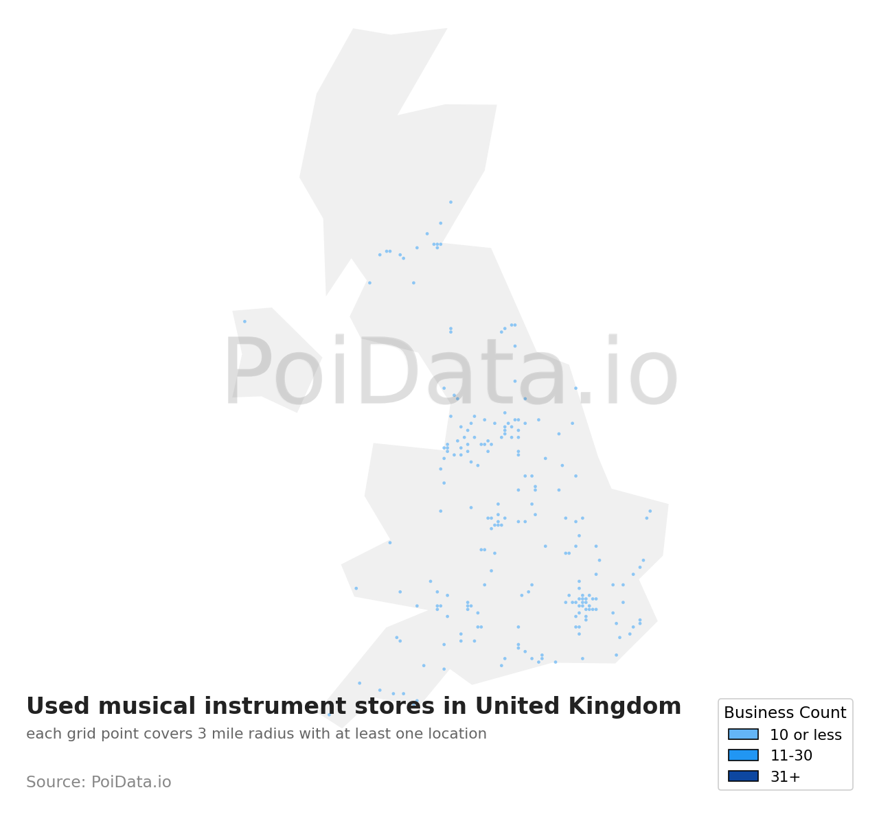 Used musical instrument store density map for United Kingdom