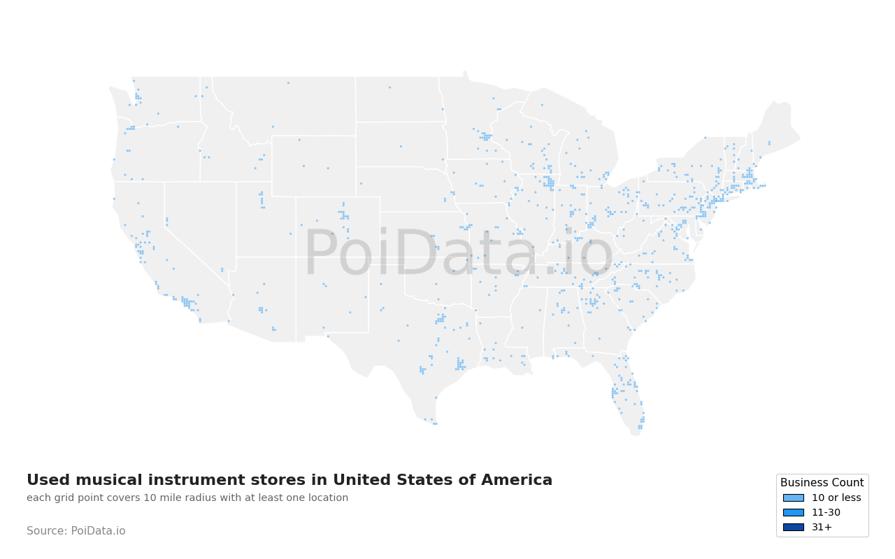 Used musical instrument store density map for United States