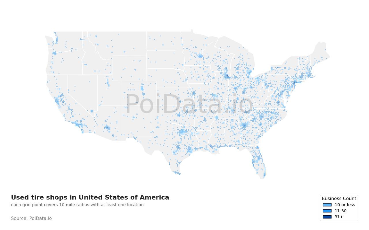 Used tire shop density map for Michigan, United States