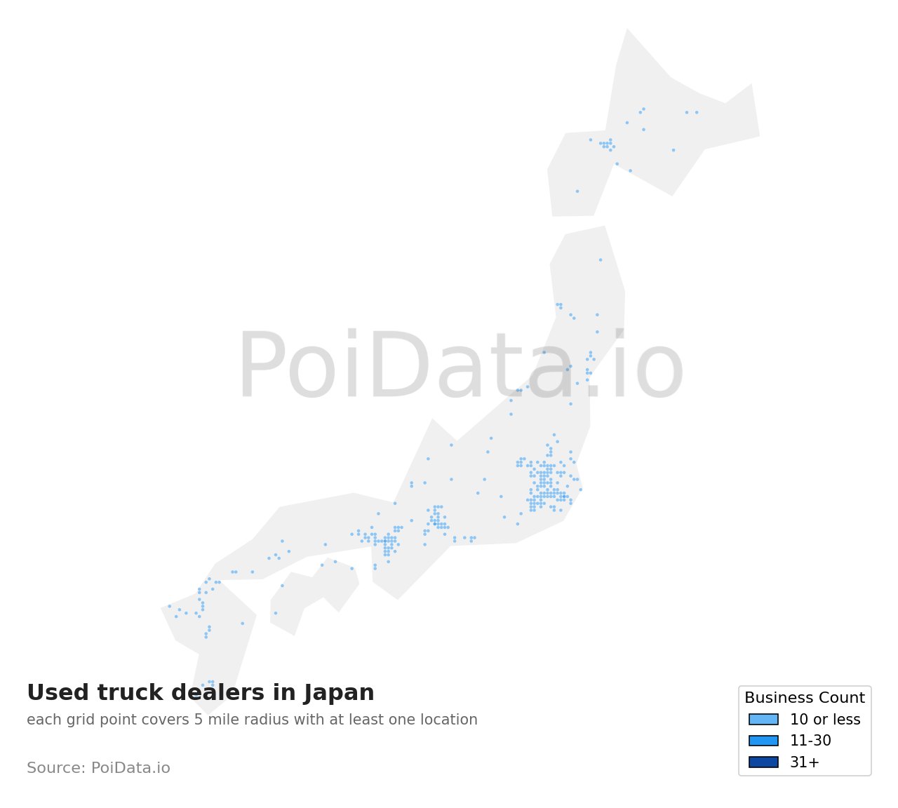Used truck dealer density map for Kanagawa, Japan
