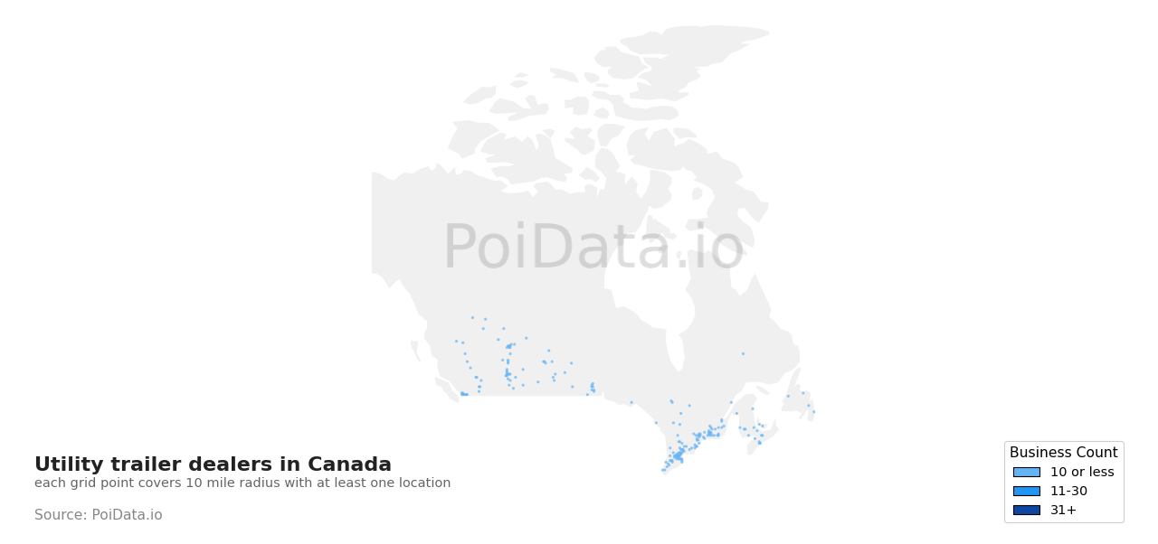 Utility trailer dealer density map for Canada
