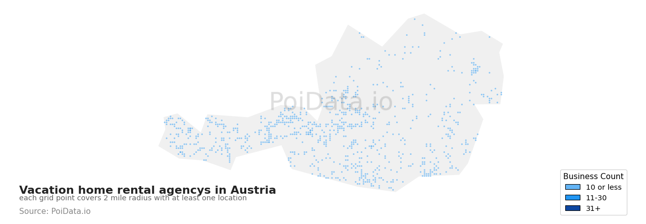 Vacation home rental agency density map for Austria
