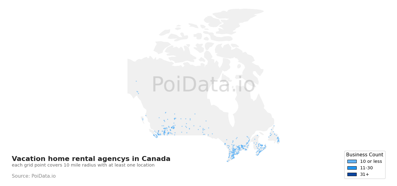 Vacation home rental agency density map for Canada