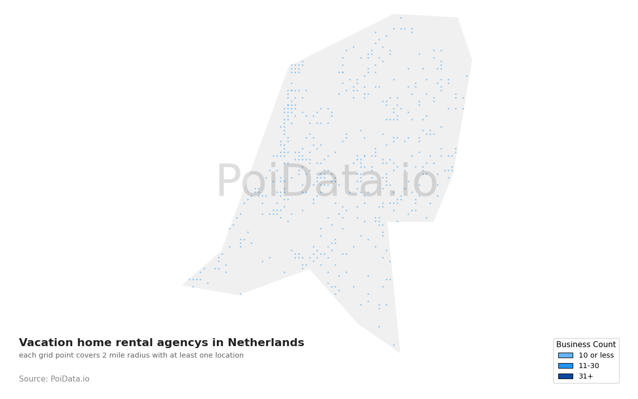 Vacation home rental agency density map for Netherlands