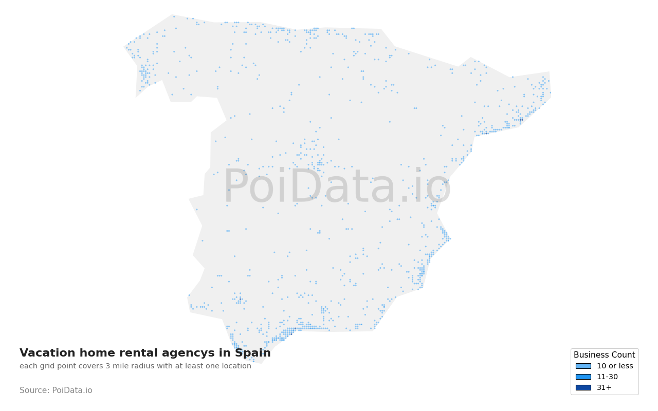 Vacation home rental agency density map for Spain